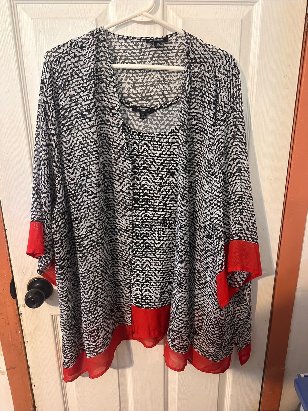 Notations Black & White Patterned Open Front Sweater with Red Trim